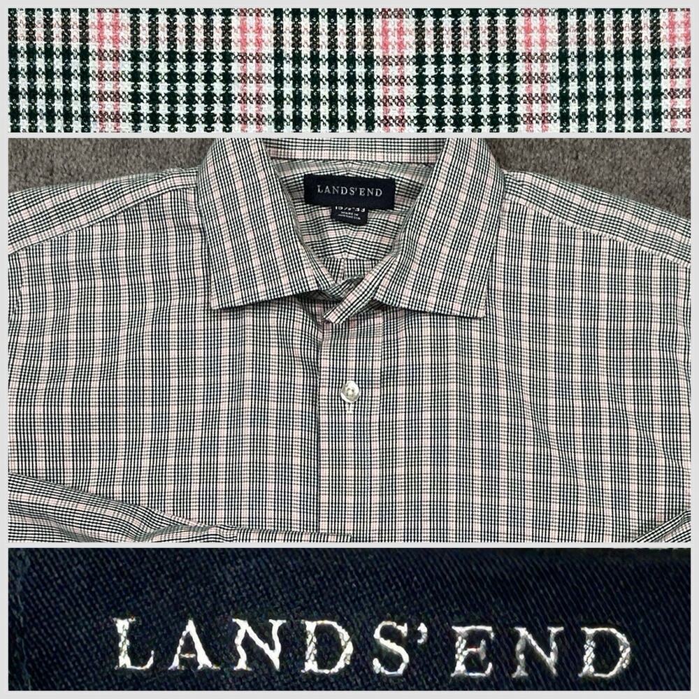Land's End M 15.5X33 Pinpoint Oxford Pink Green Plaid Spread Collar Long Sleeve‎